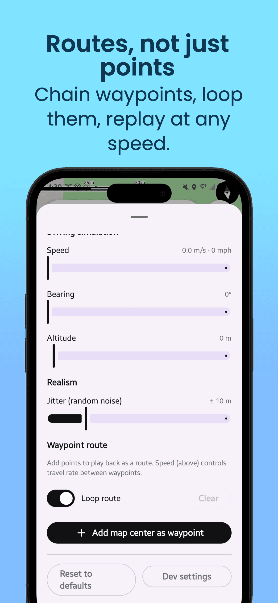 Waypoint route settings with speed, bearing, altitude, jitter and loop controls