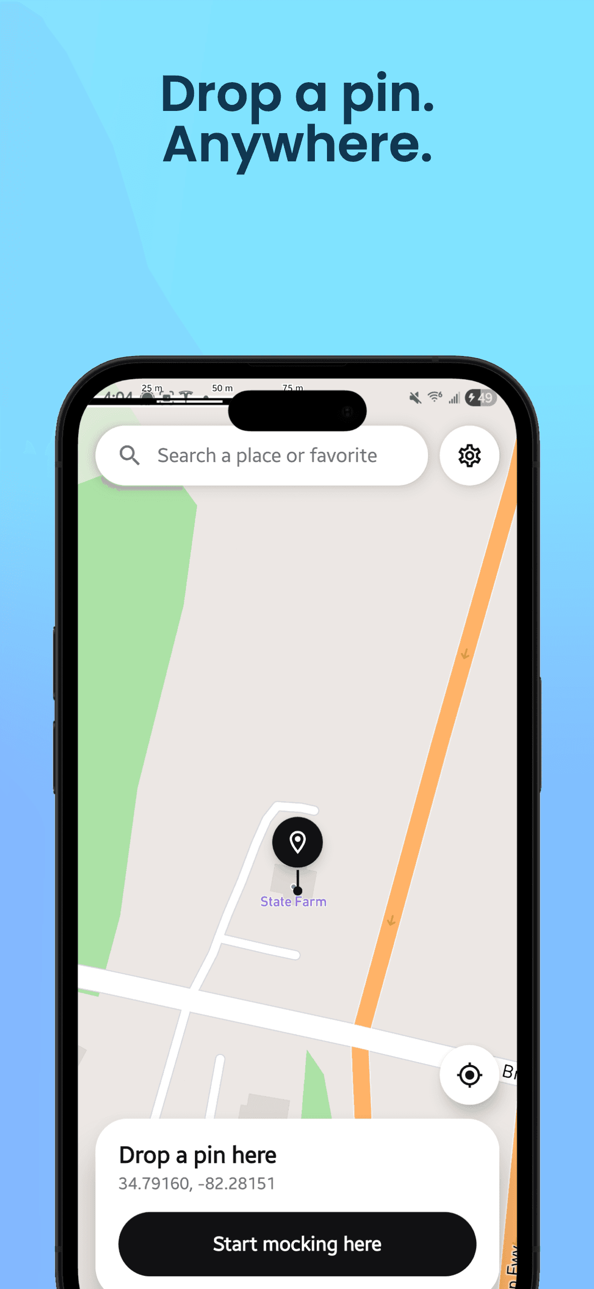 Map with a dropped pin and a Start mocking here button